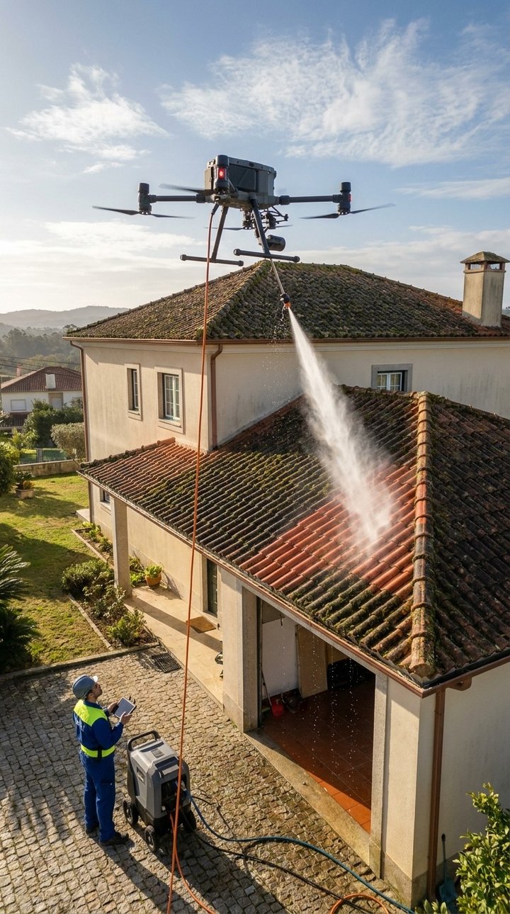 Drone a limpar telhado